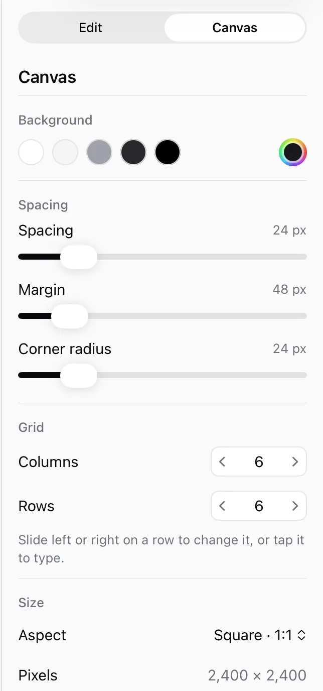 Canvas settings: background, spacing, margin, corner radius, columns and rows