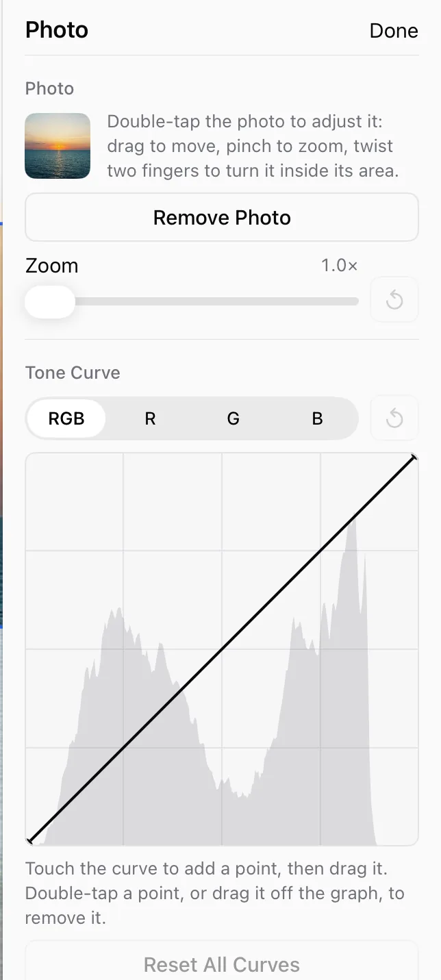 The photo inspector, with zoom and a tone curve