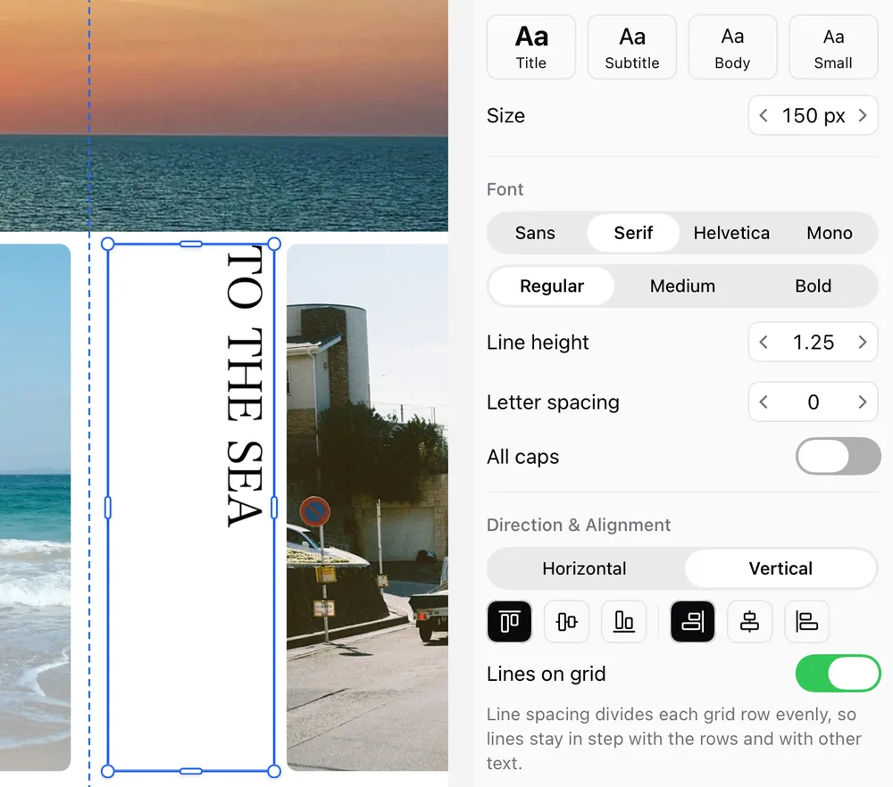 Vertical text selected, with Vertical chosen in the inspector