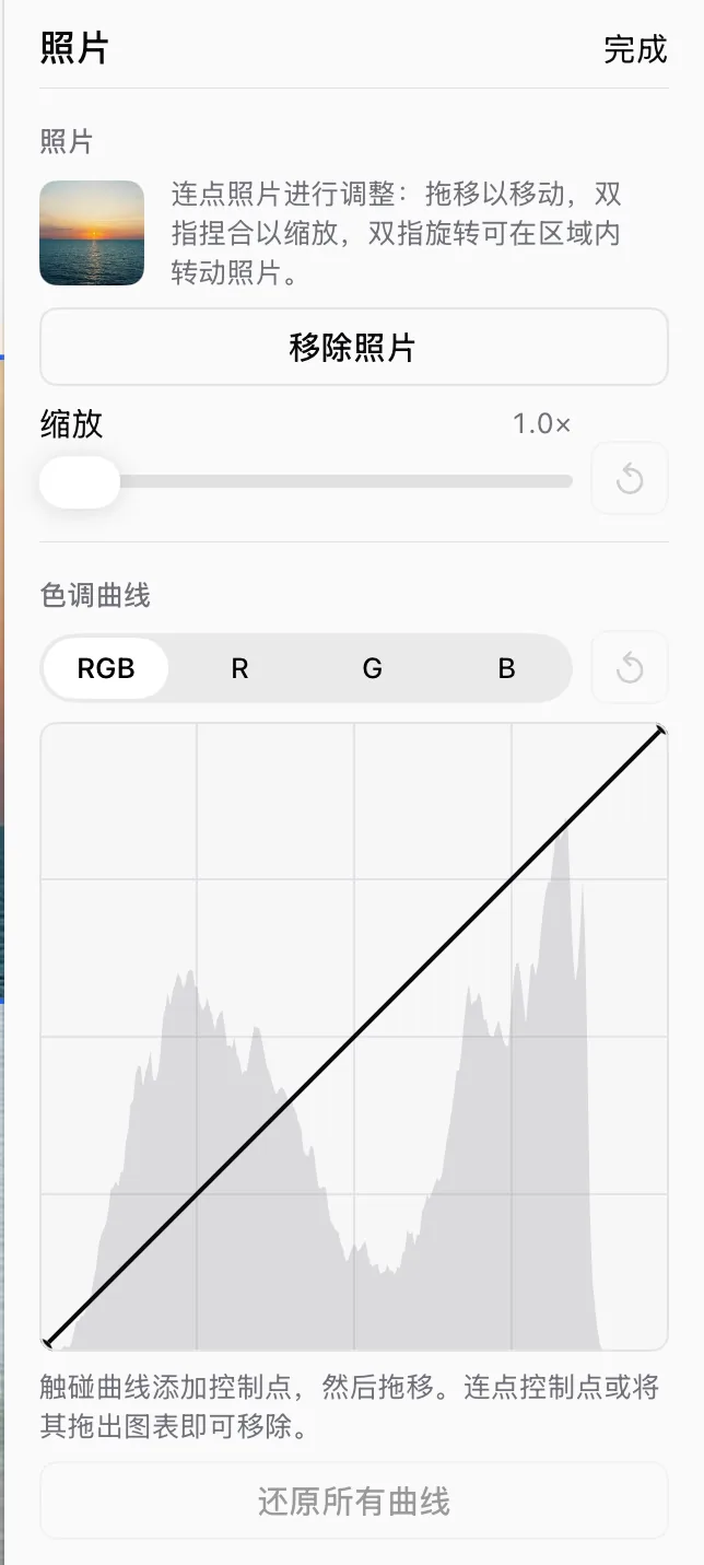 照片检查器中的缩放和色调曲线