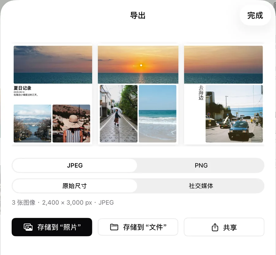 导出表单：三页的预览、JPEG 或 PNG、原始尺寸或社交媒体，以及存储按钮